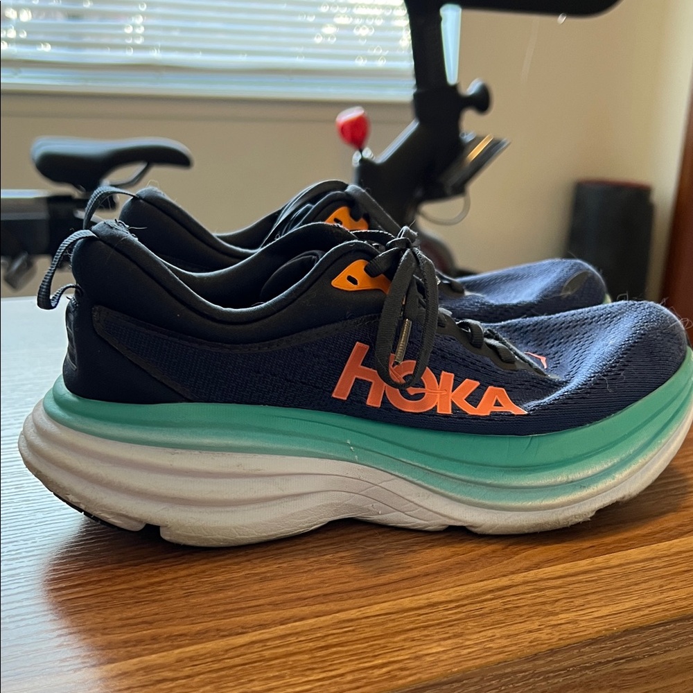 Hoka Bondi 8 Navy and Aqua Athletic Shoes
